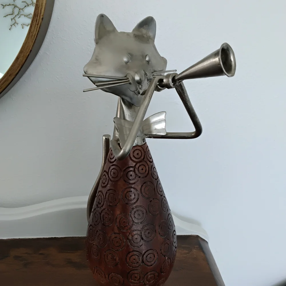 Pier 1 Wood And Metal Cat Figurine Playing Horn.